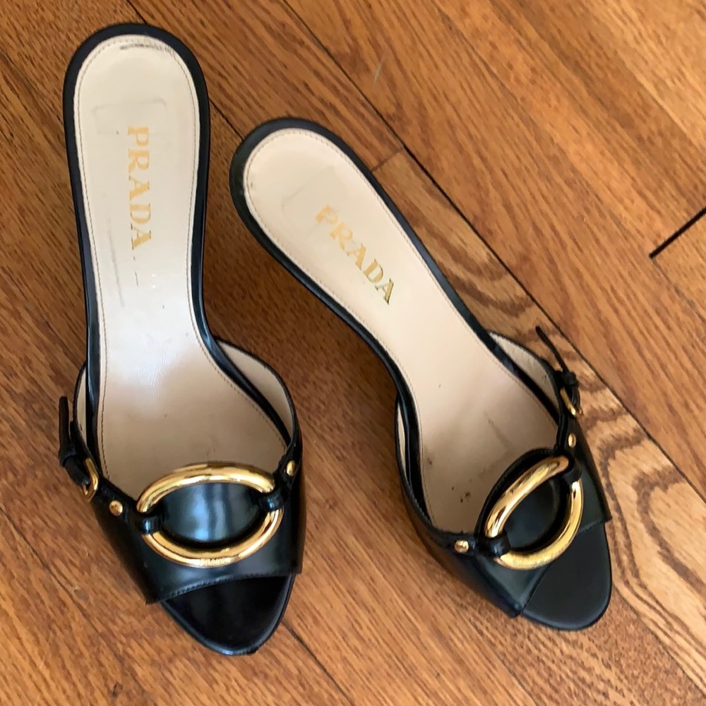 Prada black leather with gold ring elegant slides